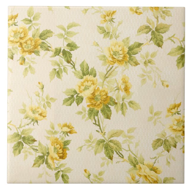 Pretty Golden Yellow Farmhouse Floral Ceramic Tile (Front)