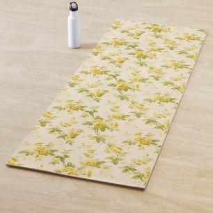 Pretty Golden Yellow Farmhouse Floral Yoga Mat