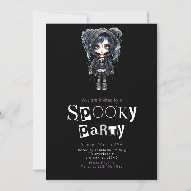 Pretty Gothic Girl in Black Halloween Party Invitation (Front)
