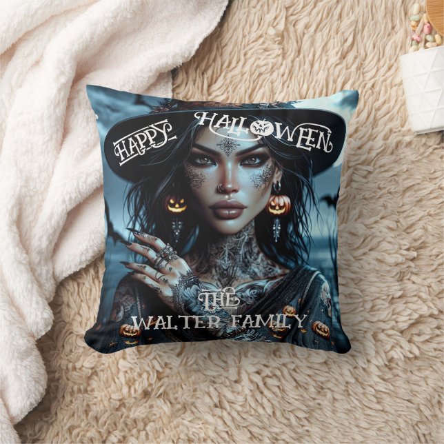 Pretty Gothic Witch with Tattoos Halloween Party Cushion (Blanket)