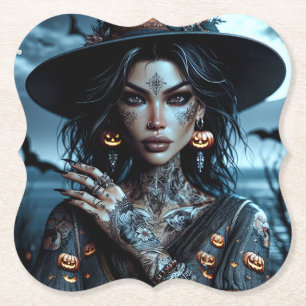Pretty Gothic Witch with Tattoos Halloween Party Paper Coaster