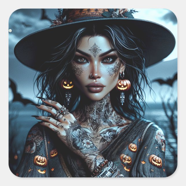 Pretty Gothic Witch with Tattoos Halloween   Square Sticker (Front)