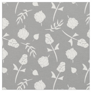 Pretty Gray and White Roses Rosebud Floral Print Fabric