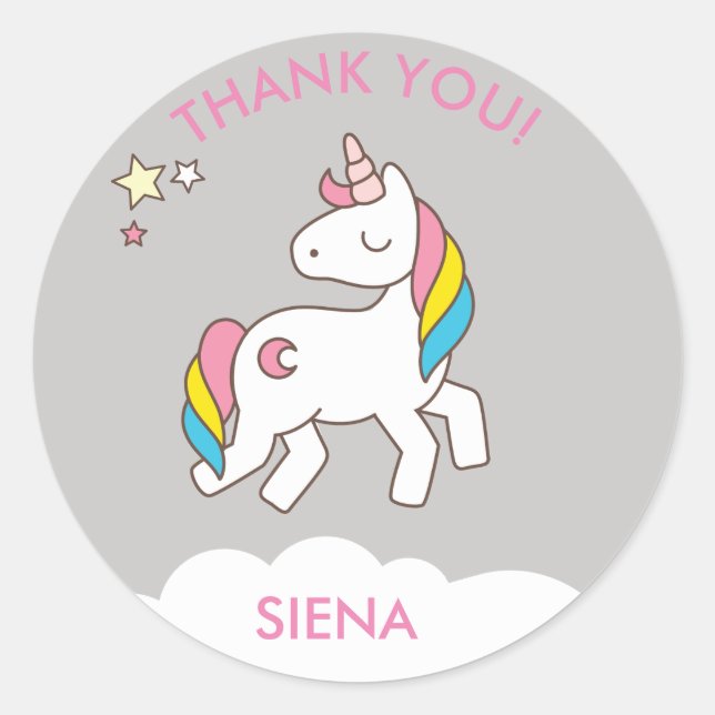 Pretty Gray Unicorn Birthday Party Thank You Classic Round Sticker (Front)