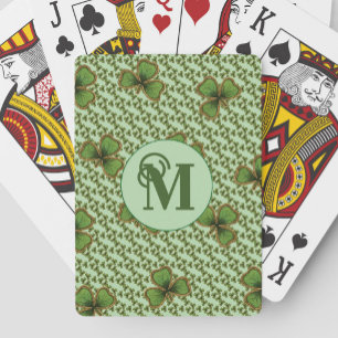Pretty Green and Gold Irish Shamrocks Monogram Playing Cards