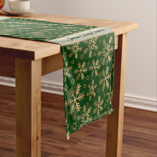 Pretty Green and Gold Snowflakes Christmas Print Medium Table Runner