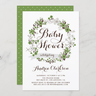 Pretty Green and Grey Floral Wreath Baby Shower Invitation