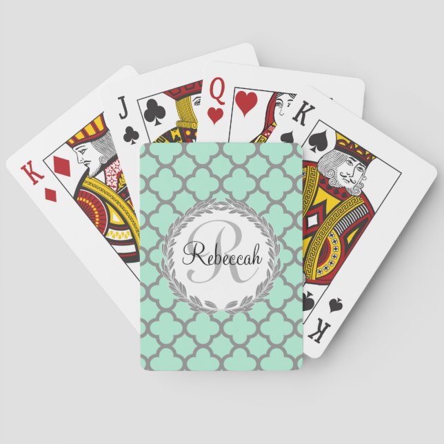 Pretty Green and Grey Quatrefoil Monogram Laurel Playing Cards (Back)