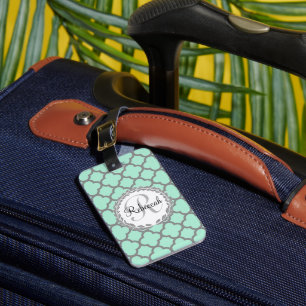 Pretty Green and Grey Quatrefoil Monogram Name Luggage Tag