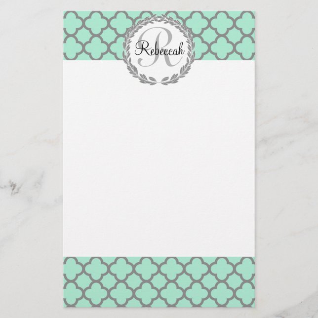 Pretty Green and Grey Quatrefoil Monogram Name Stationery (Front)