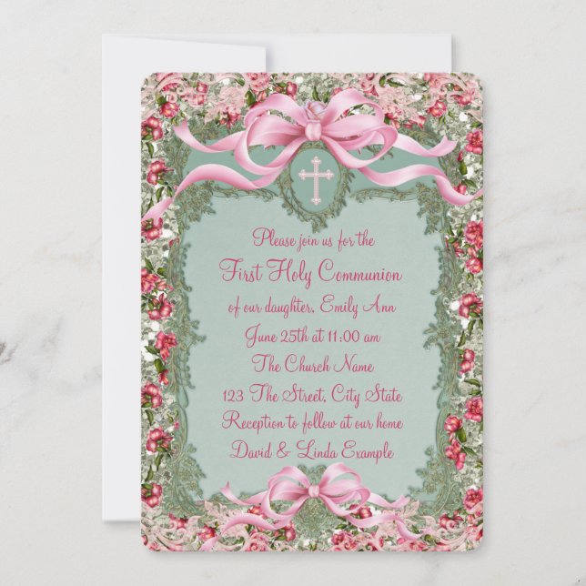 Pretty Green and Pink Rose First Communion Invitation (Front)