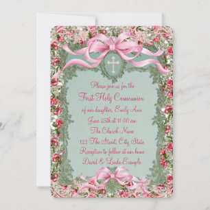 Pretty Green and Pink Rose First Communion Invitation
