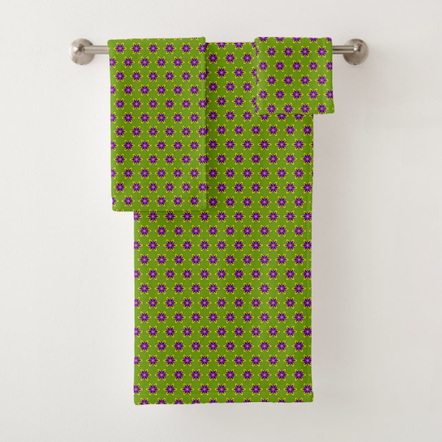 Pretty Green and Purple Folk Art Flower Pattern Bath Towel Set (Insitu)