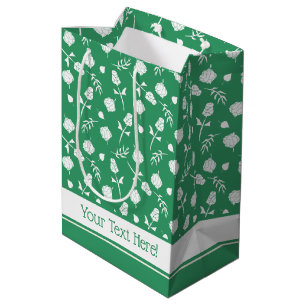 Pretty Green and White Roses Rosebud Floral Print Medium Gift Bag