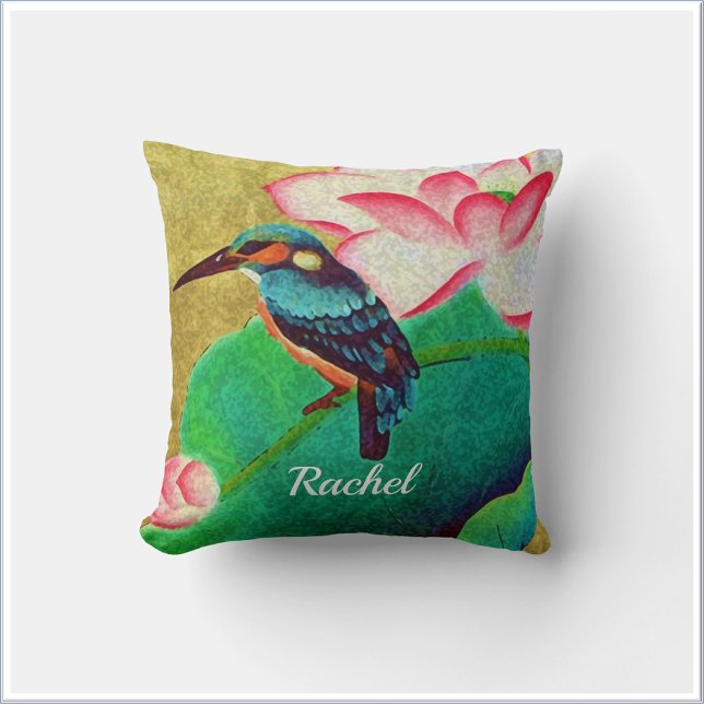Pretty Green Bird & Flower  Cushion (Bookmark my store! https://www.zazzle.com/store/capricepetit)