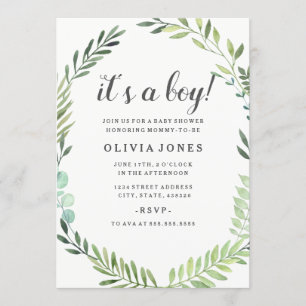 Pretty Green Boho Wreath Baby Shower Boy Invite