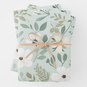 Pretty Green Botanical Floral Pattern Wrapping Paper Sheet