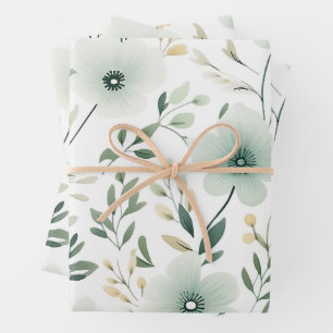 Pretty Green Botanical Floral Pattern Wrapping Paper Sheet