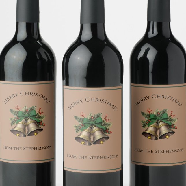 Pretty Green Bow Christmas Bells Custom Name Wine Label (Creator Uploaded)