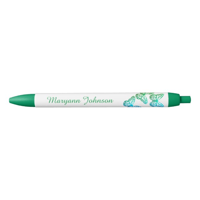Pretty Green Butterflies Personalised Ink Pen (Front)