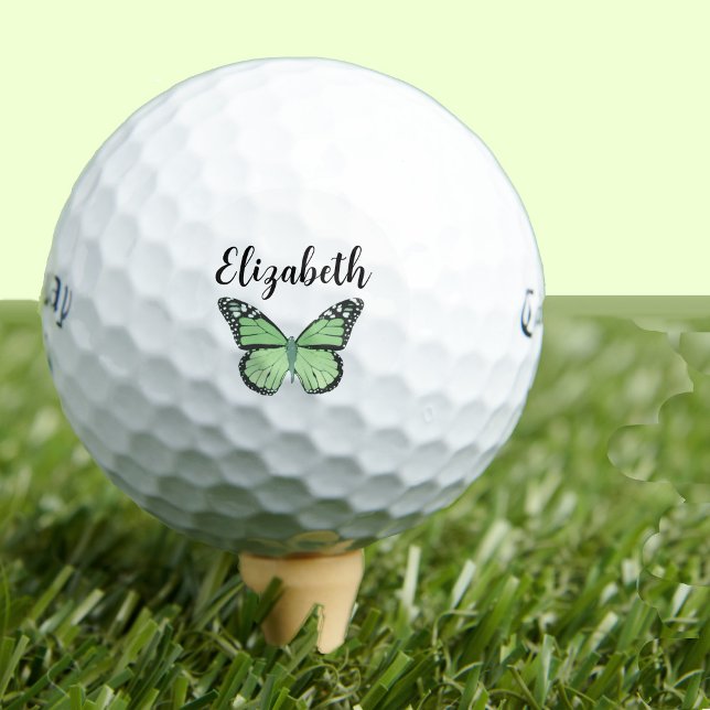 Pretty green butterfly with custom name ladies golf balls (Creator Uploaded)