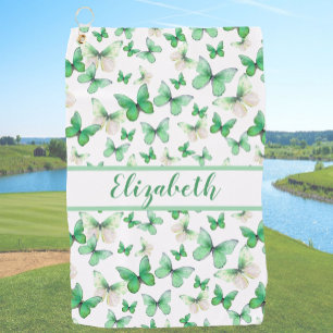 Pretty green butterfly with custom name womens  golf towel