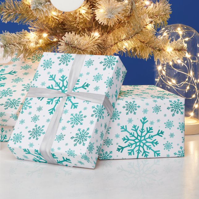 Pretty Green Christmas Snowflakes on Winter White Wrapping Paper (Holidays)