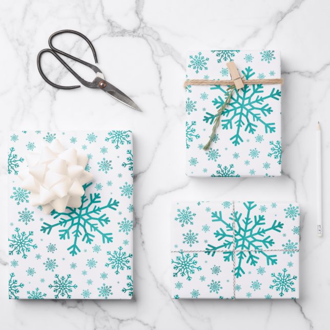 Pretty Green Christmas Snowflakes on Winter White Wrapping Paper Sheet (Front)