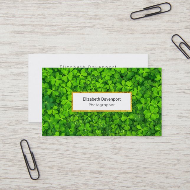 Pretty Green Clovers Photograph Business Card (Front/Back In Situ)