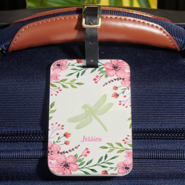 Pretty Green Dragonfly Pink Flowers Luggage Tag (Front Insitu 2)
