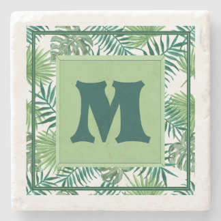 Pretty Green Fern Monogram M Marble Stone Coaster