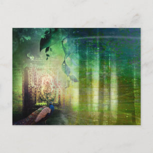 Pretty Green Gates of Paradise Peacock Forest Postcard