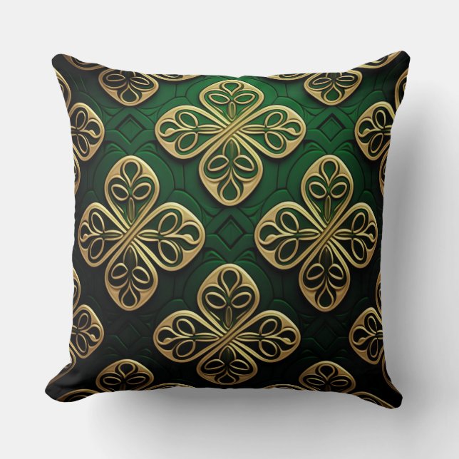 PRETTY GREEN & GOLD IRISH CELTIC KNOTS CUSHION (Front)