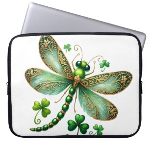PRETTY GREEN & GOLD IRISH DRAGONFLY & SHAMROCKS LAPTOP SLEEVE