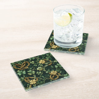 PRETTY GREEN & GOLD IRISH KNOTS & SHAMROCKS GLASS COASTER