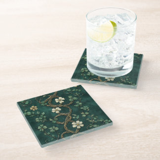 PRETTY GREEN & GOLD IRISH KNOTS & SHAMROCKS GLASS COASTER