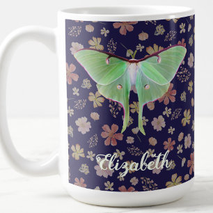 Pretty Green Luna Moth Floral Custom Name Coffee Mug