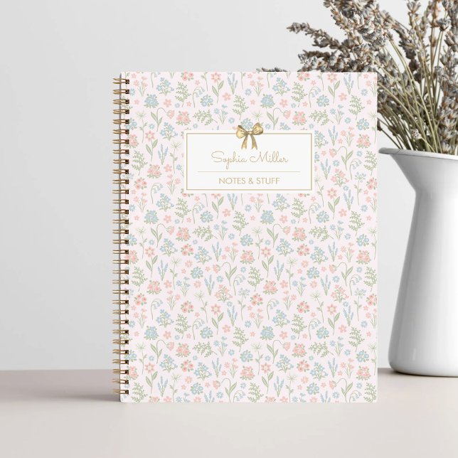 Pretty Green Pink Floral Pattern with Bow Monogram Notebook (Creator Uploaded)