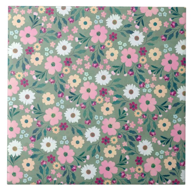 Pretty Green Pink flowers Botanical Ceramic Tile (Front)