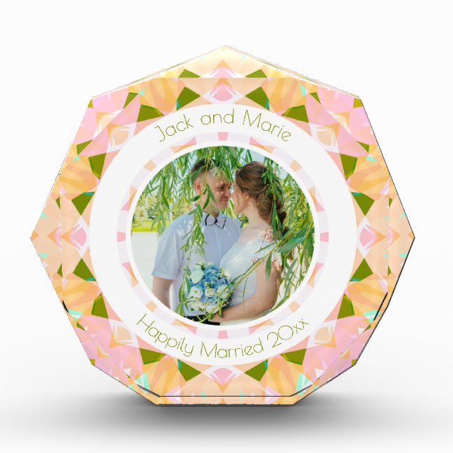 Pretty Green Pink Wedding Keepsake Photo Gift Block (Front)