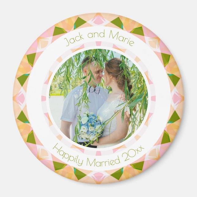 Pretty Green Pink Wedding Keepsake Photo Gift Magnet (Front)