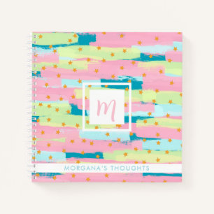 Pretty Green, Pink, Yellow, Gold Monogram Square Notebook
