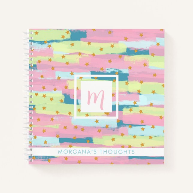 Pretty Green, Pink, Yellow, Gold  Monogram Square Notebook (Front)