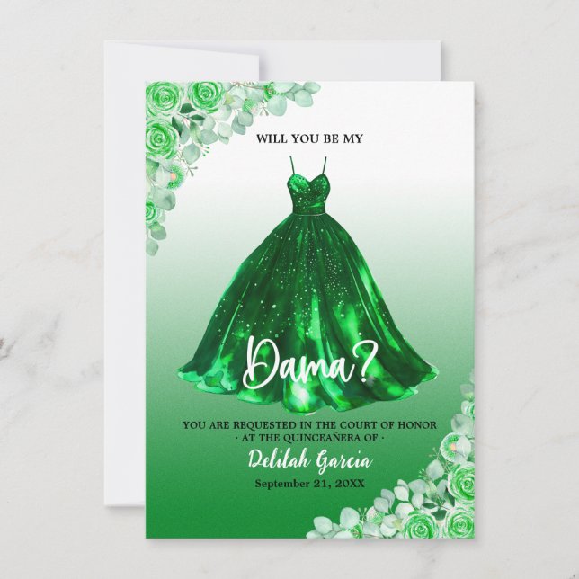 Pretty Green Quinceañera Dama Proposal Invitation (Front)