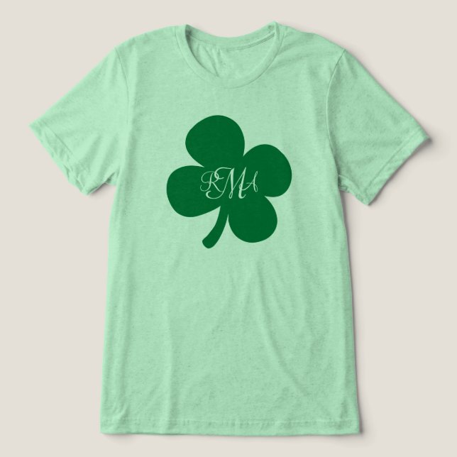 Pretty Green Shamrock Monogrammed Personalised Tri-Blend Shirt (Design Front)