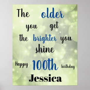 Pretty Green sparkle 100th Birthday Name Poster