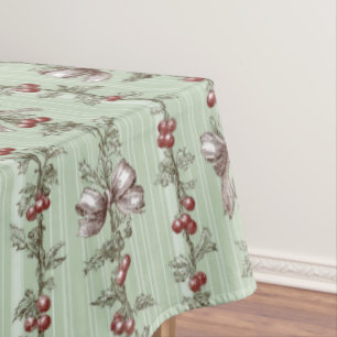 Pretty Green Toile Christmas Berries And Bows Tablecloth