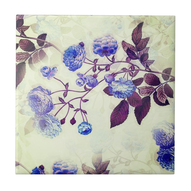 Pretty Green w/ Purple Floral Print Ceramic Tile (Front)