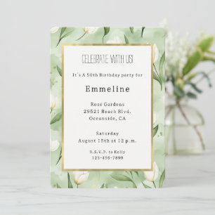 Pretty Green White Tulip Flowers Birthday Invitation
