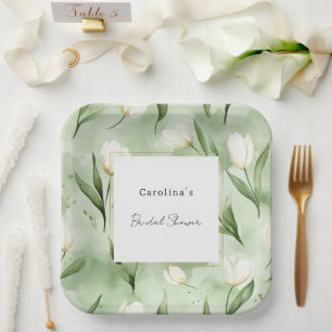 Pretty Green White Tulip Flowers Bridal Shower Paper Plate